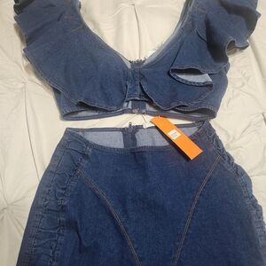Denim Ruffle Two-Piece Jumpsuit Set - Dark Blue